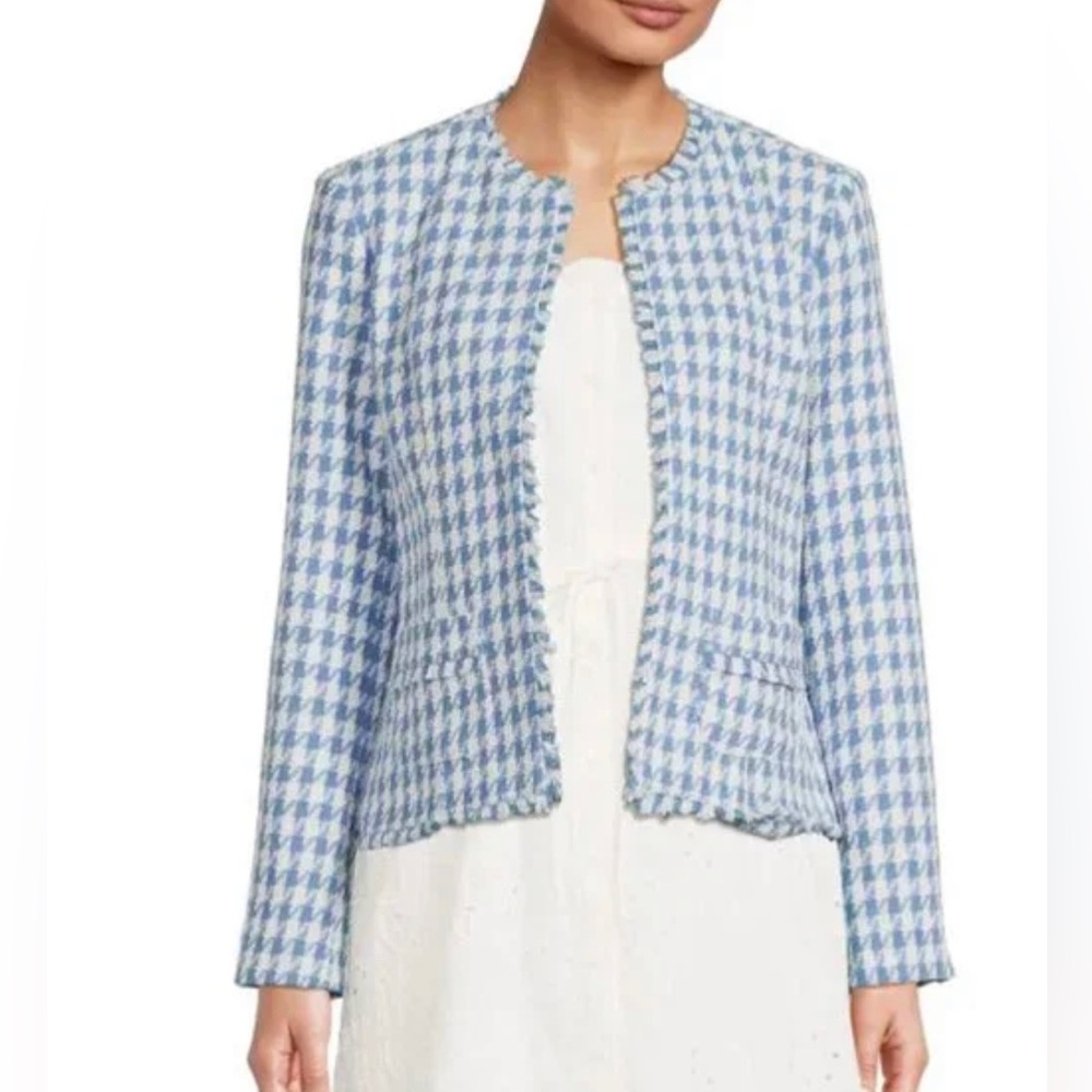 Nanette Lepore Blue & White Houndstooth Fringed Open blazer